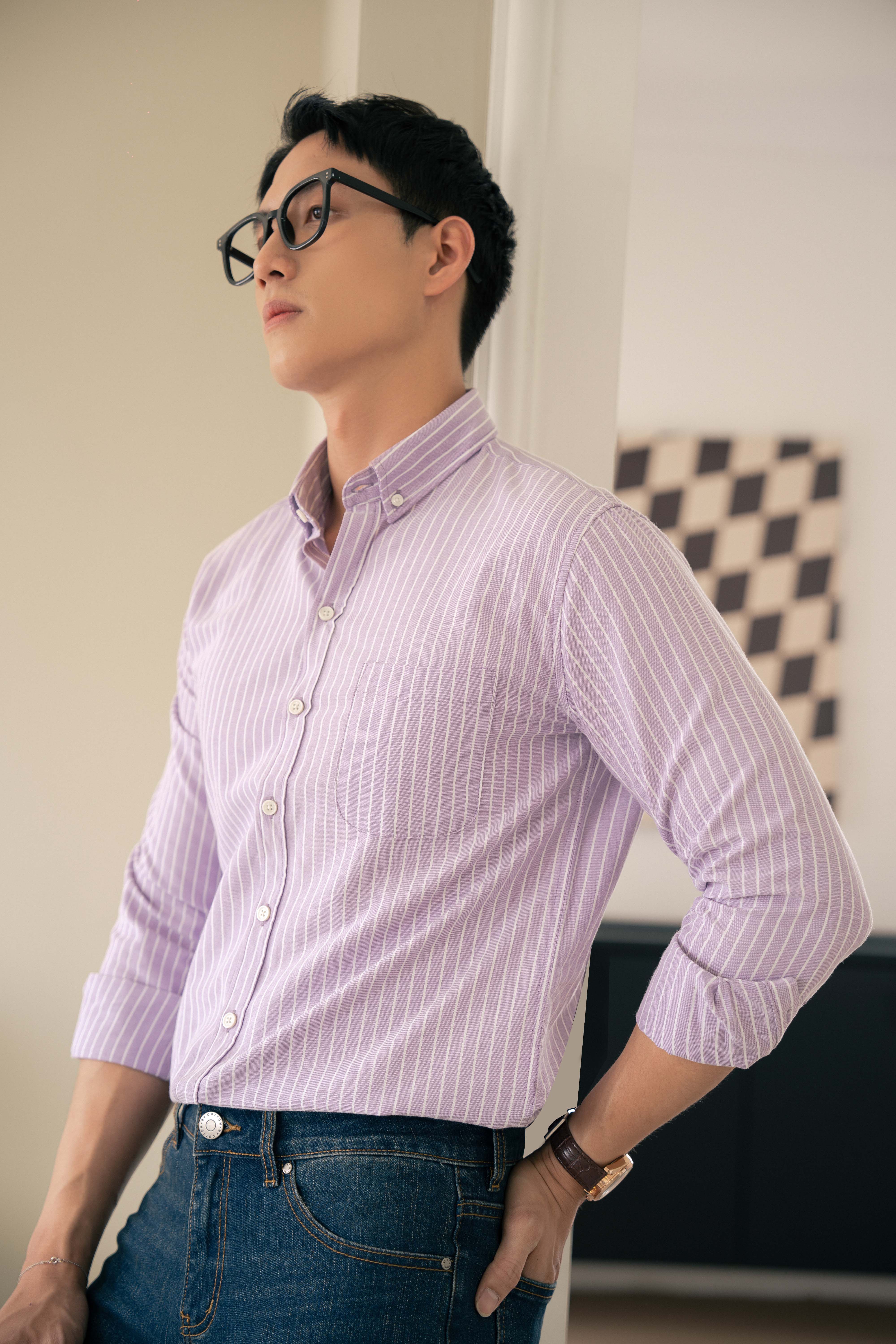 Áo Sơ Mi Nam Dài Tay Tím Phối Sọc BY COTTON Purple Stripes Oxford