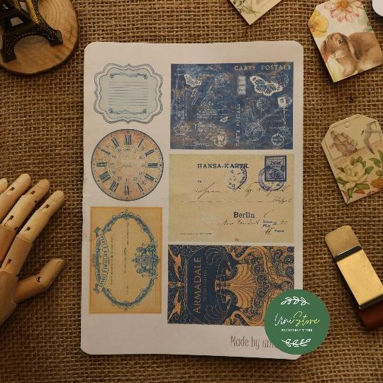 Sticker tự cắt Blue mix ephemera - sticker vintage dán, trang trí sổ nhật kí, sổ tay | Bullet journal - kc003