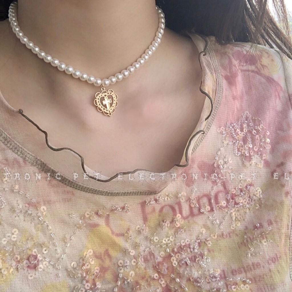 Vòng cổ Choker ngọc trai sang trọng - Mặt dây hình trái tim cho nữ