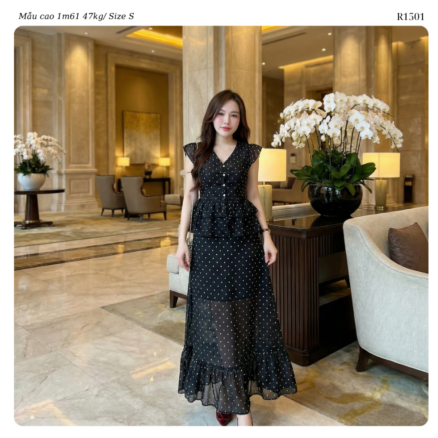 Đầm maxi Ruzimay Tay hến chấm bi voan dáng dài R1500