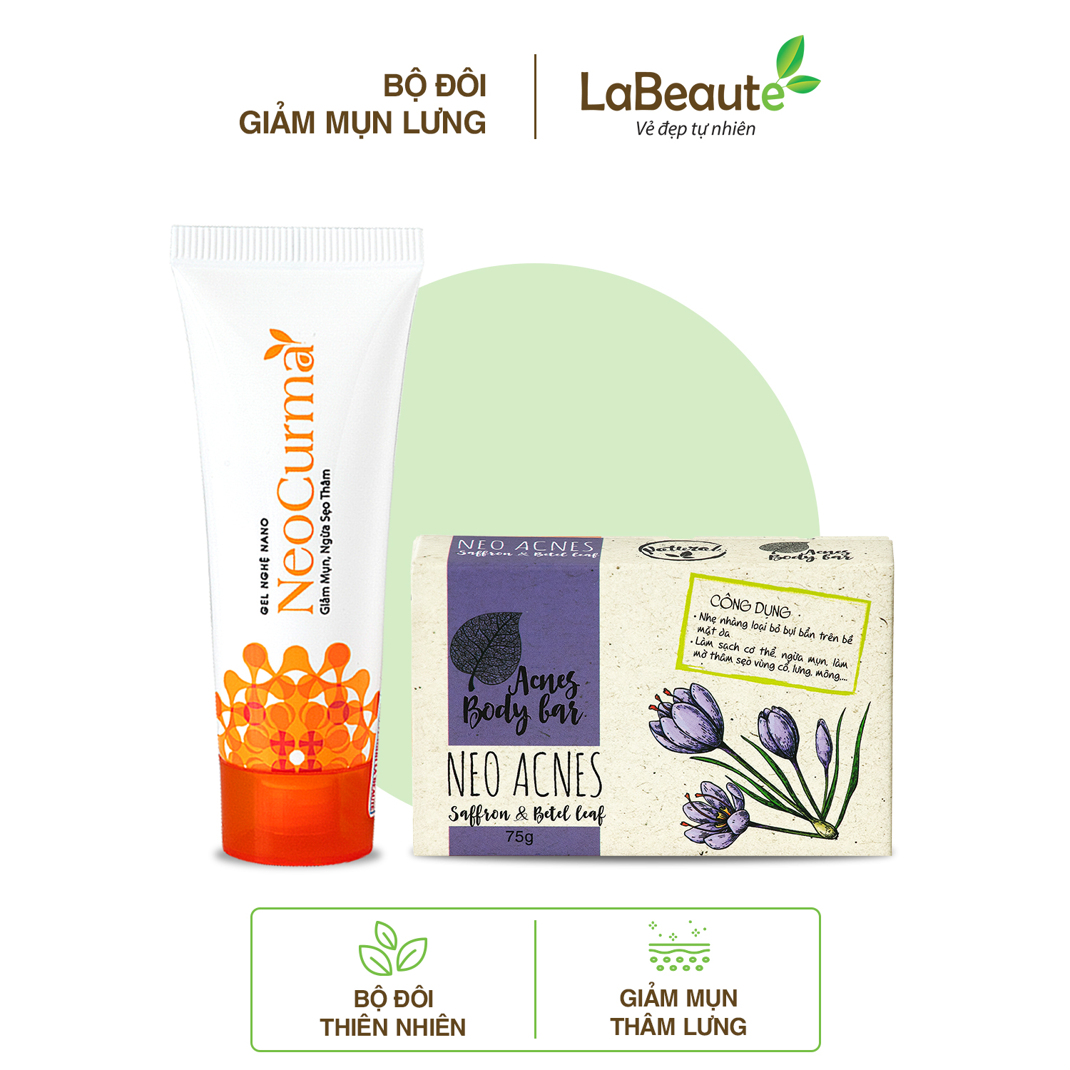 Bộ đôi Xà phòng Saffron Neo Acnes & Gel Nghệ NeoCurma - Giảm mụn mờ thâm vùng lưng, cơ thê