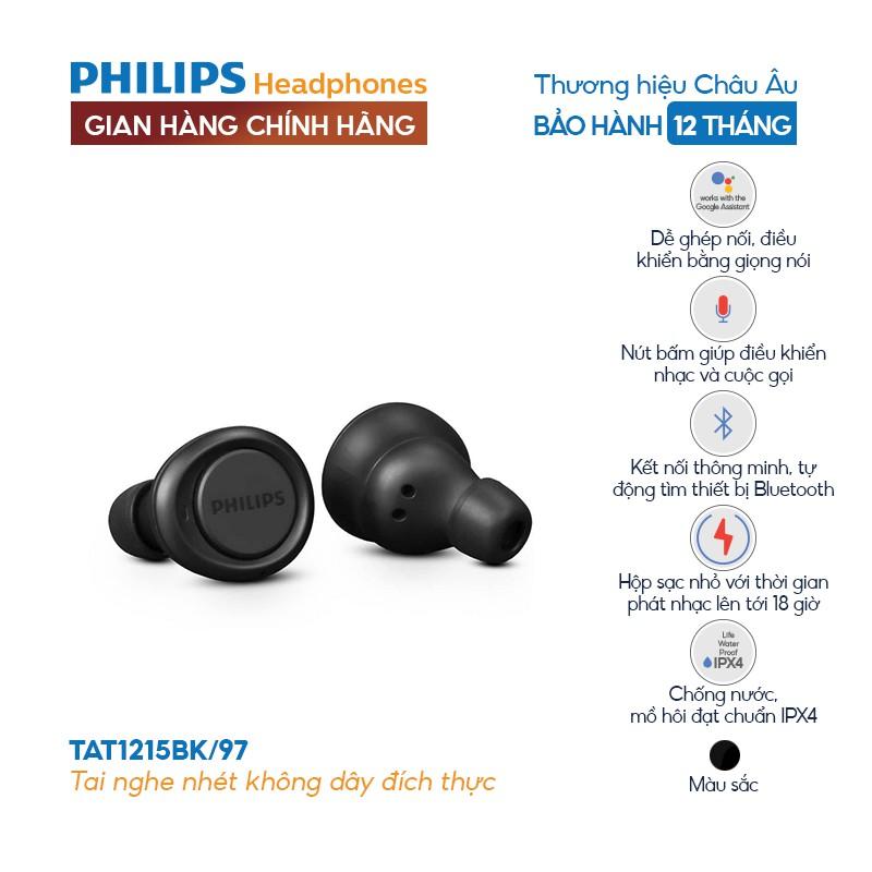 Tai nghe Philips Bluetooth Có Bass TAT1215BK/00- Màu đen - Hàng nhập khẩu