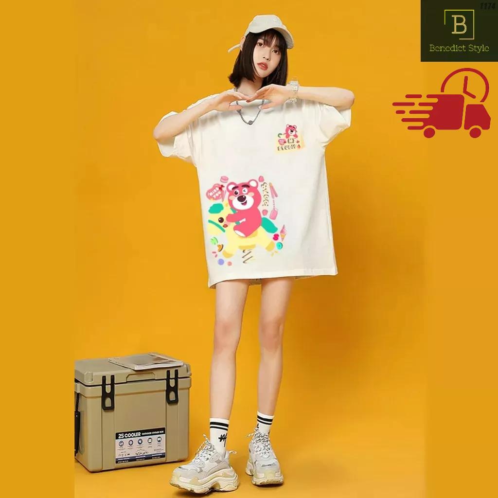 Áo thun tay lỡ unisex phom rộng in hình Gấu dâu cưỡi ngựa