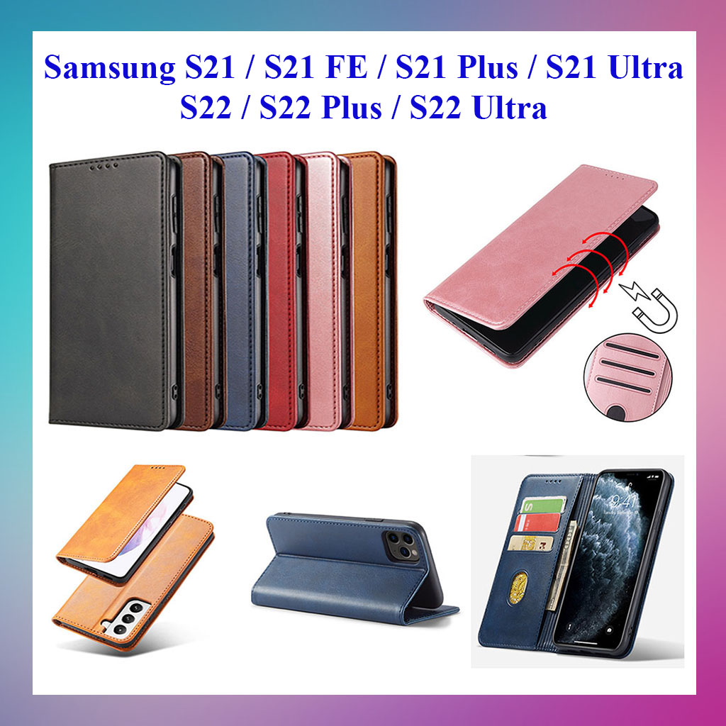 Bao da ốp lưng dành cho Samsung Galaxy S21, S22, S21 FE, S22 FE, S21 Plus, S22 Plus, S21 Ultra, S22 Ultra dạng ví cao cấp, kiểu dáng sang trọng thời trang, ngăn đựng thẻ tiện lợi, bảo vệ điện thoại toàn diện