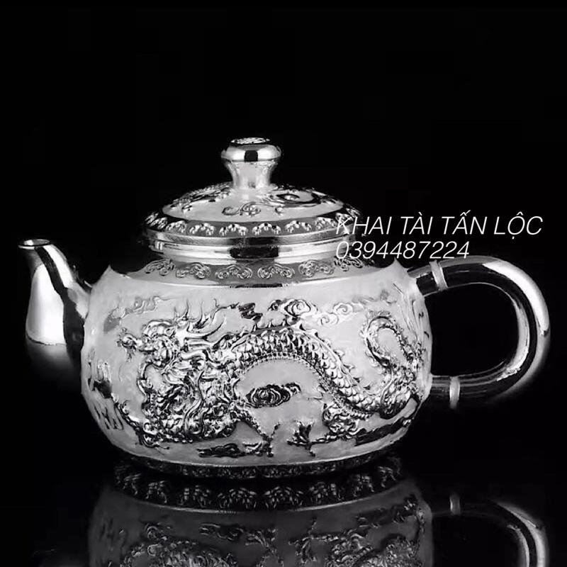 Bộ ấm trà cốc chén Long Phụng trình tường mạ bạc độc đáo