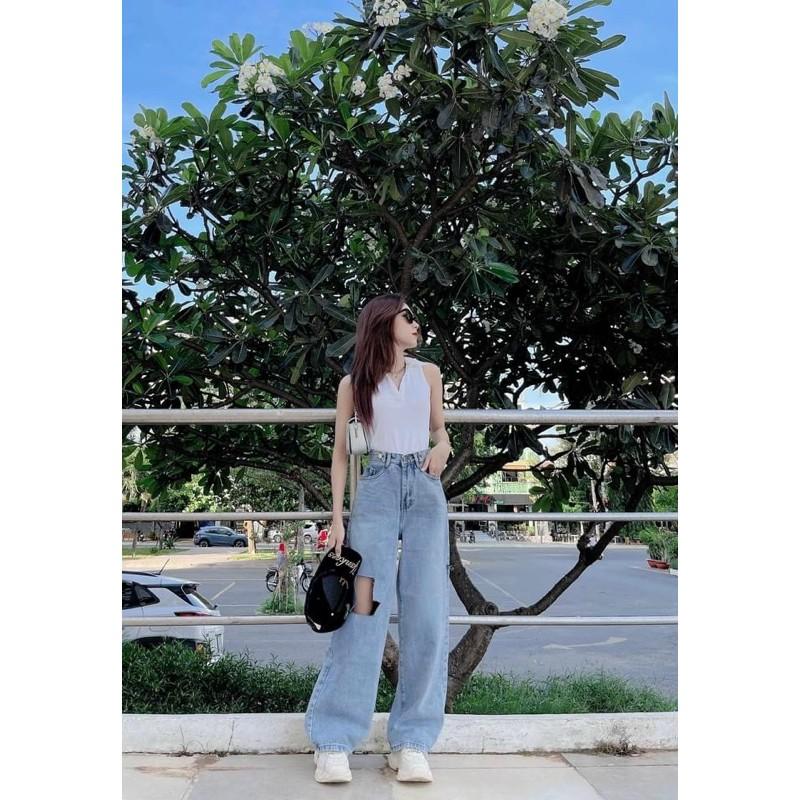 Quần baggy jeans ống rộng quần chất jeans có giãn -T