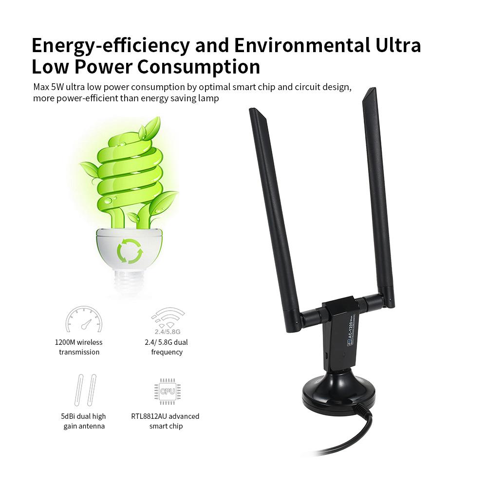 Bộ điều hợp Wifi 1200Mbps USB3.0 Bộ điều hợp không dây USB Băng tần Daul 802.11ac Ăng-ten 5dBi kép cho máy tính để bàn