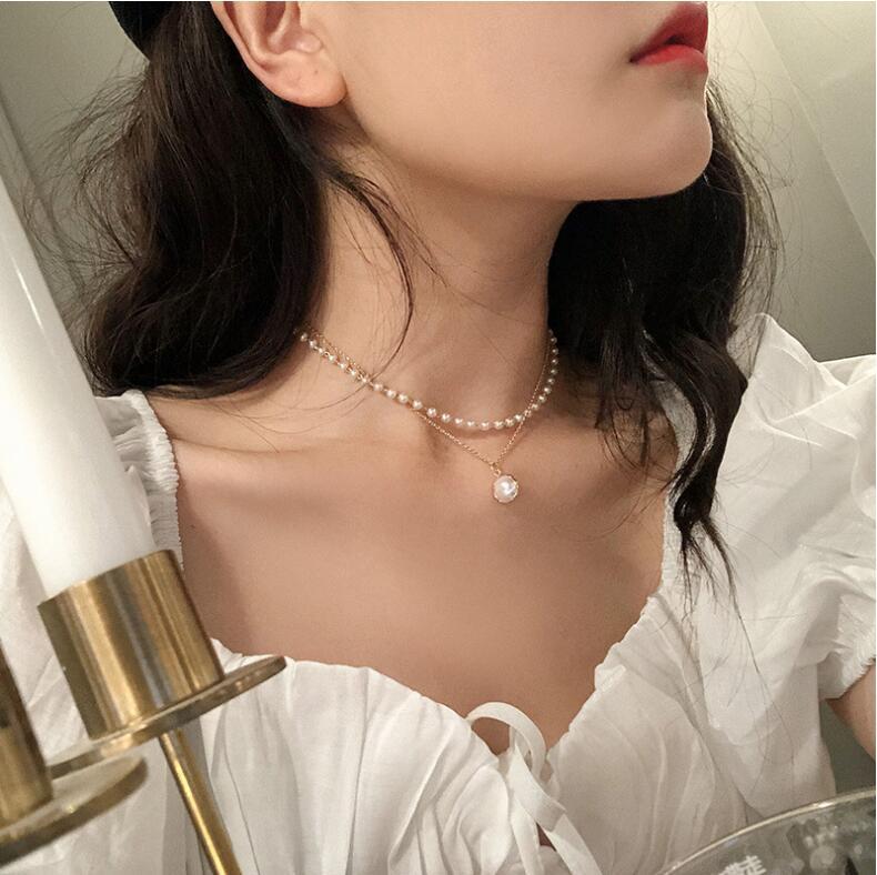 Set vòng cổ dây chuyền và lắc tay hạt ngọc 2 tầng