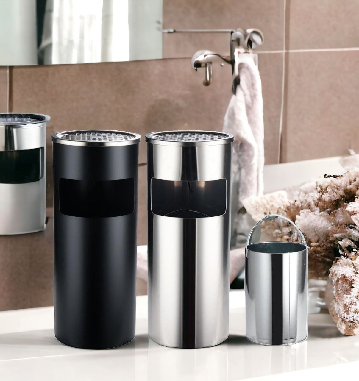 Thùng rác inox tròn, thùng rác inox gạt tàn tròn  A - 035 cao cấp