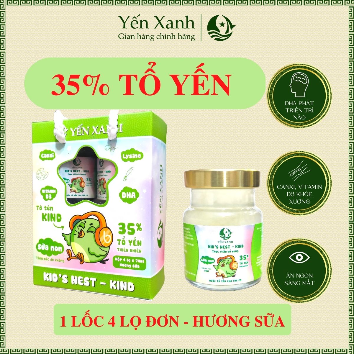 35% tổ yến - Nước tổ yến sào chưng dành cho trẻ em Kid's nest sữa non KIND - Yến Xanh hương sữa - Lốc 4 lọ x 70ml