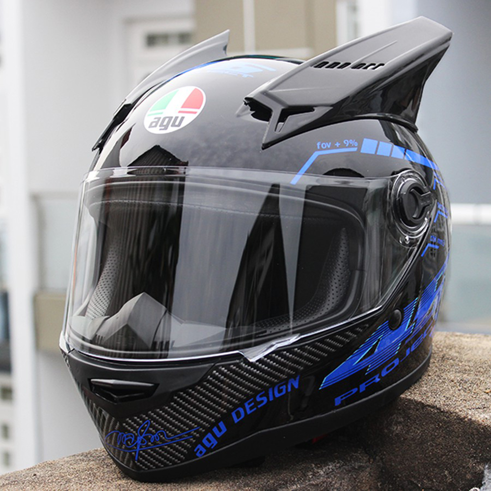 Mũ Bảo Hiểm Fullface Phượt Moto tem đẹp xanh dương kèm sừng đen siêu chất