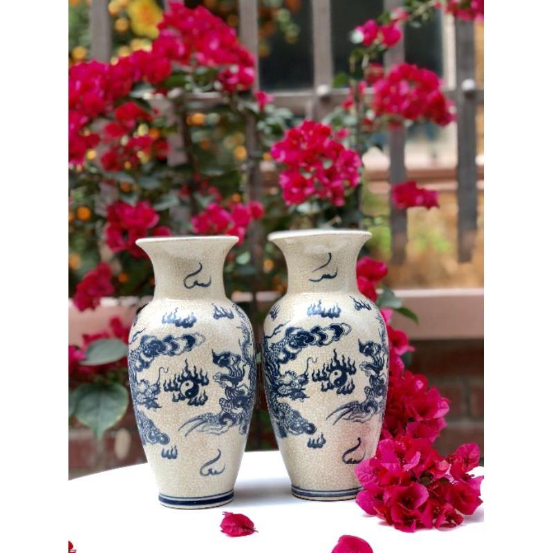 BÌNH HOA SEN VÀ RỒNG MEN RẠN GIẢ CỔGỐM BÁT TRÀNG- GIẢ CỔ