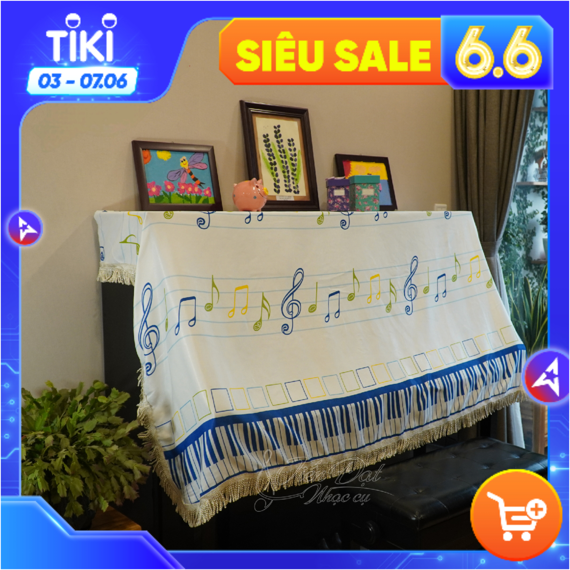 Khăn Phủ Trùm Qua Nắp Phím Đàn Piano Họa Tiết Nốt Nhạc Màu Xanh KC-14