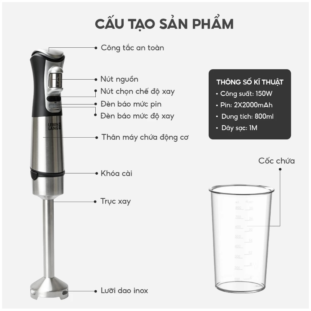 Máy xay sinh tố cầm tay đa năng Sothing Lebenlang LBL103, 3 mức độ, lưỡi dao 2 cánh, bảo hành 2 năm- Hàng chính hãng