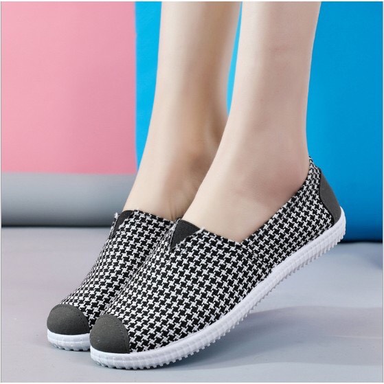 Giày lười slip on nữ bọc cói vintage kẻ caro xinh xắn-GL4