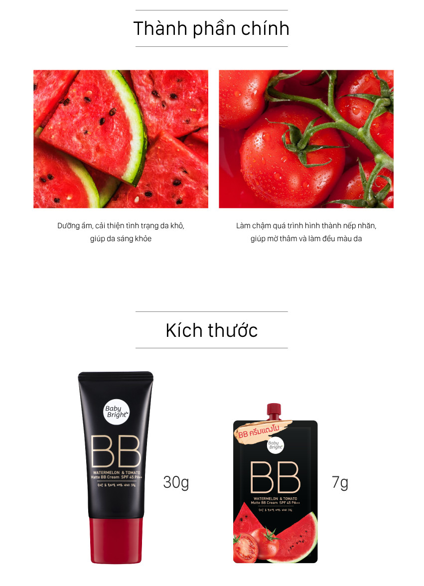 Kem nền dưa hấu và cà chua Baby Bright Watermelon &amp; Tomato Matte BB Cream SPF45 PA++ 30g #23 True Beige