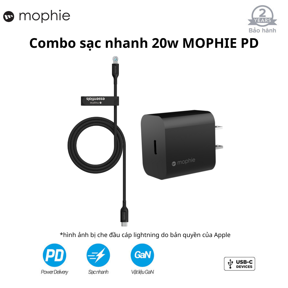 Combo cốc sạc Mophie 20w - dây cáp C to LN Mophie Essentials 1M - dành cho iP - Hàng chính hãng