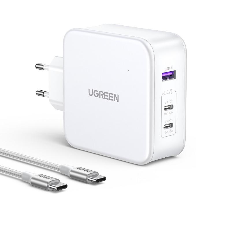 Ugreen UG15339CD289TK 140W 2c1a GaN Nexode kèm cáp USB-C dài 1.5M Bộ sạc nhanh 2 x USB-C + 1 x USB-A Màu Trắng - HÀNG CHÍNH HÃNG