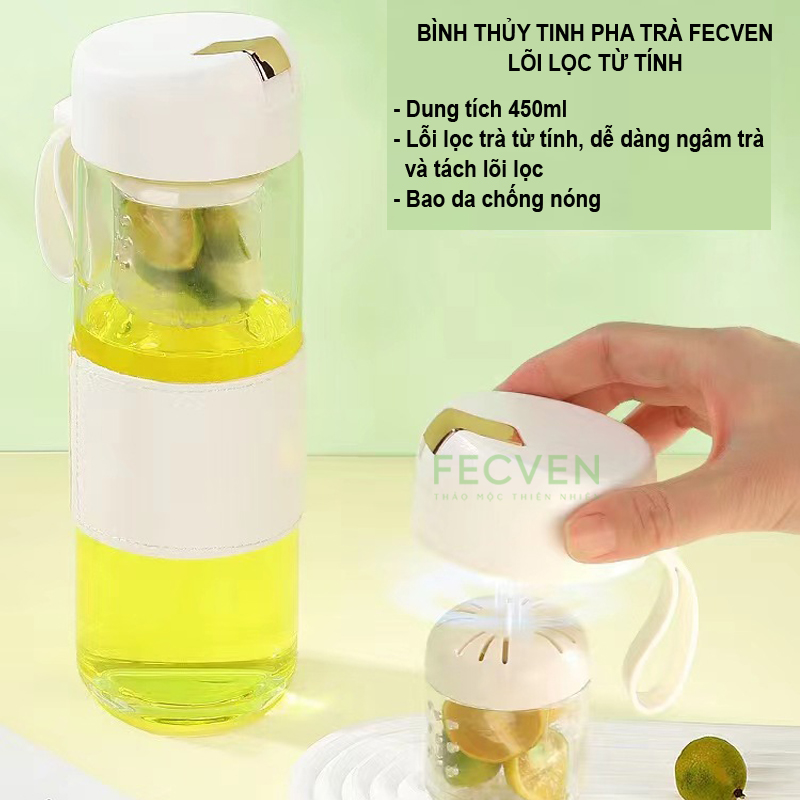 Bình Thủy Tinh Pha Trà Fecven Lõi Lọc Từ Tính, Quai Xách Silicon Bền Bỉ, Dung Tích 450ml