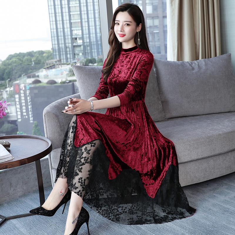 Đầm Nhung Phối Ren Dài Tay Phong Cách Thanh Lịch Dành Cho Nữ