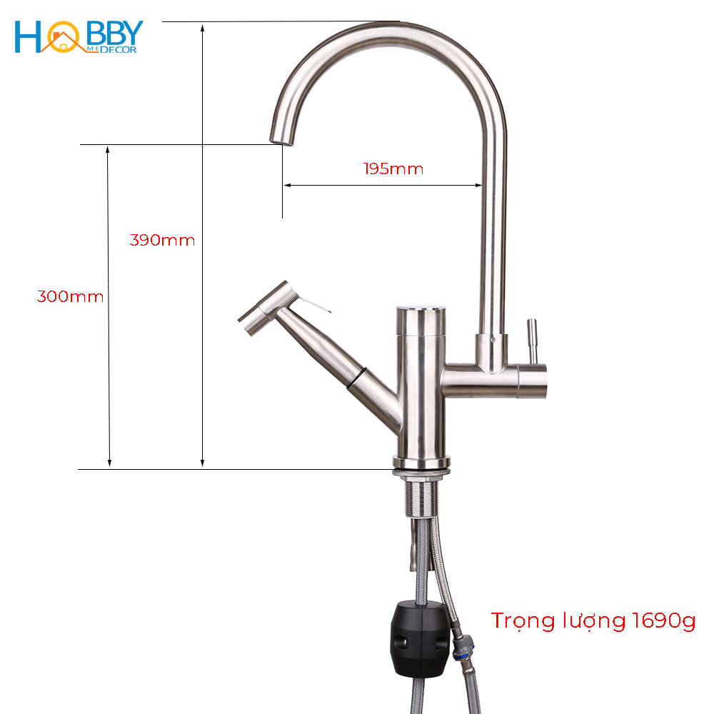 Vòi rửa chén nóng lạnh đa năng kèm vòi xịt chậu gắn chậu Hobby Home Decor RCG chất liệu Inox 304 không rỉ sét