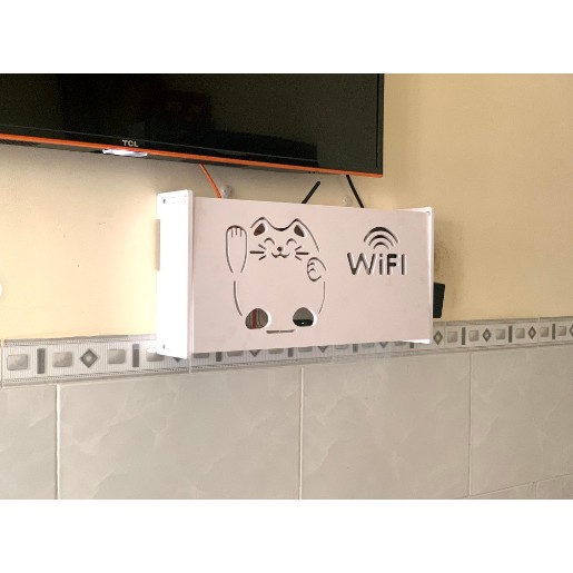 Kệ wifi treo tường HAJI hình mèo ú dễ thương, Kệ trang trí gỗ nhựa PVC chịu lực tốt, an toàn, bền, không cần khoan D345