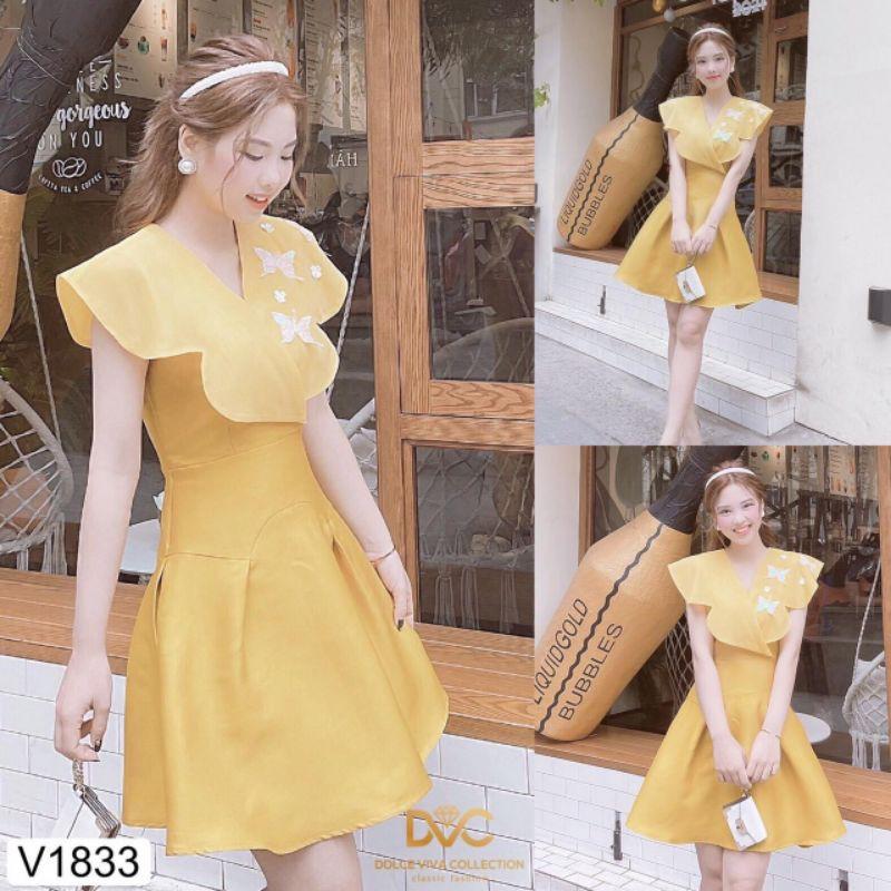 VÁY THIẾT KẾ XOÈ VÀNG CỔ B ĐÍNH BƯỚM