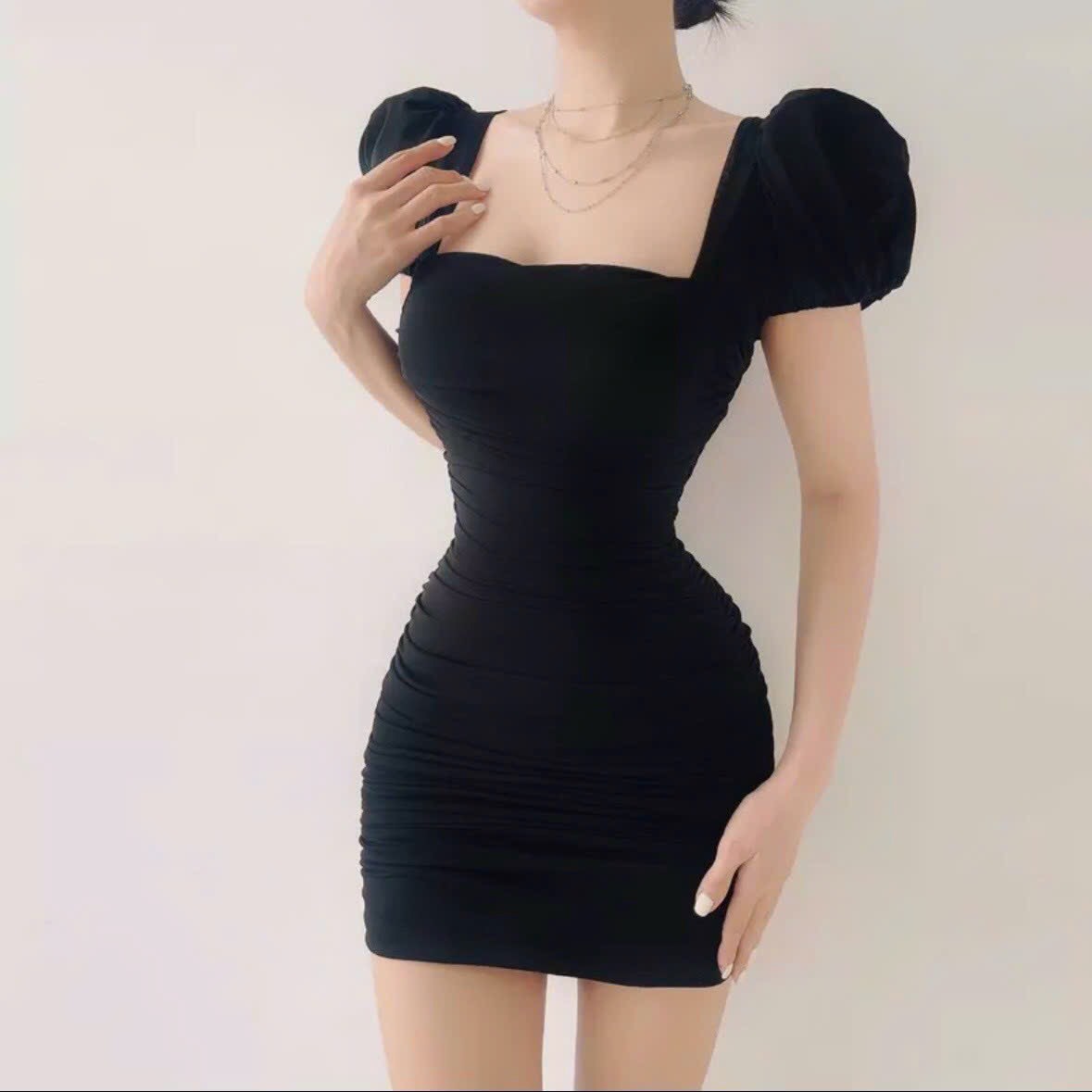 Đầm Body thun lưới cổ vuông body nhún