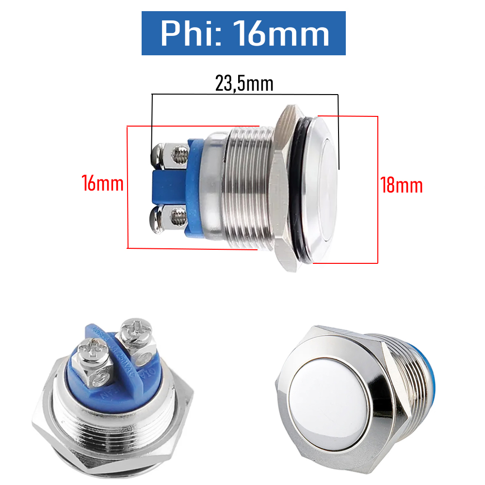 Nút công tắc, Nút nguồn Nhấn nhả, Nhấn đề 16mm  Vỏ INOX chống nước