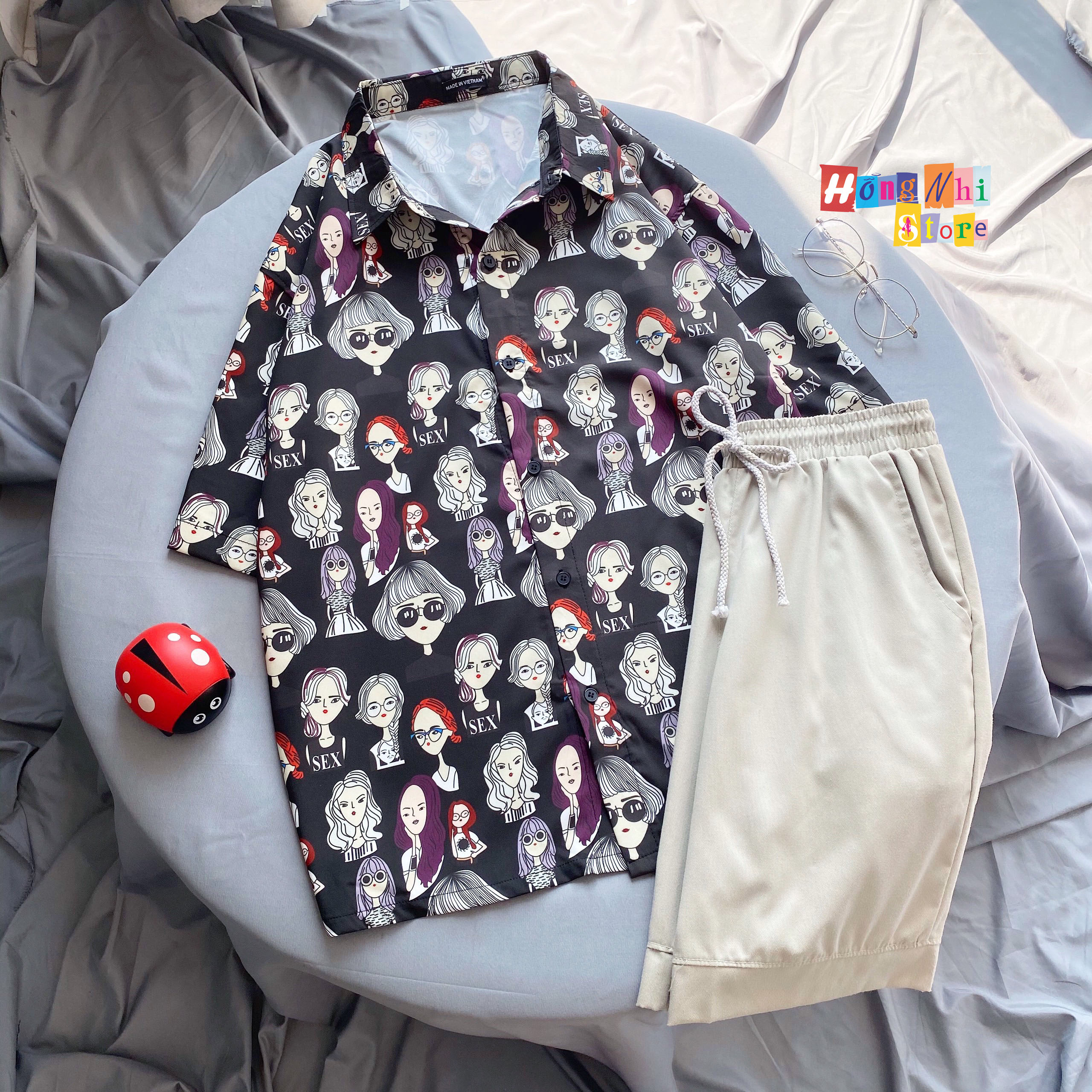 Áo Sơ Mi Hoạ Tiết Tay Lỡ Dáng Rộng, Sơ Mi Tay Lửng Unisex - MM