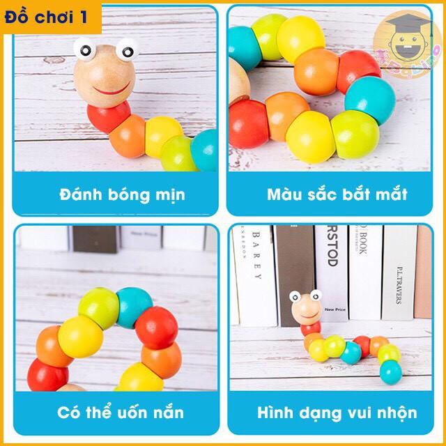 Combo 4 Món Đồ Chơi Gỗ Phát Triển Trí Não Cho Bé Tháp Xếp Gỗ, Sâu Gỗ, Đàn 8 Thanh Khung Gỗ, Luồn Hạt Luyện Tay