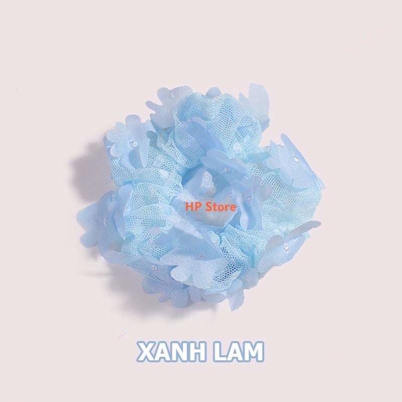 Cột Tóc Đính Hoa Xanh Lam, Trắng Scrunchies Vải