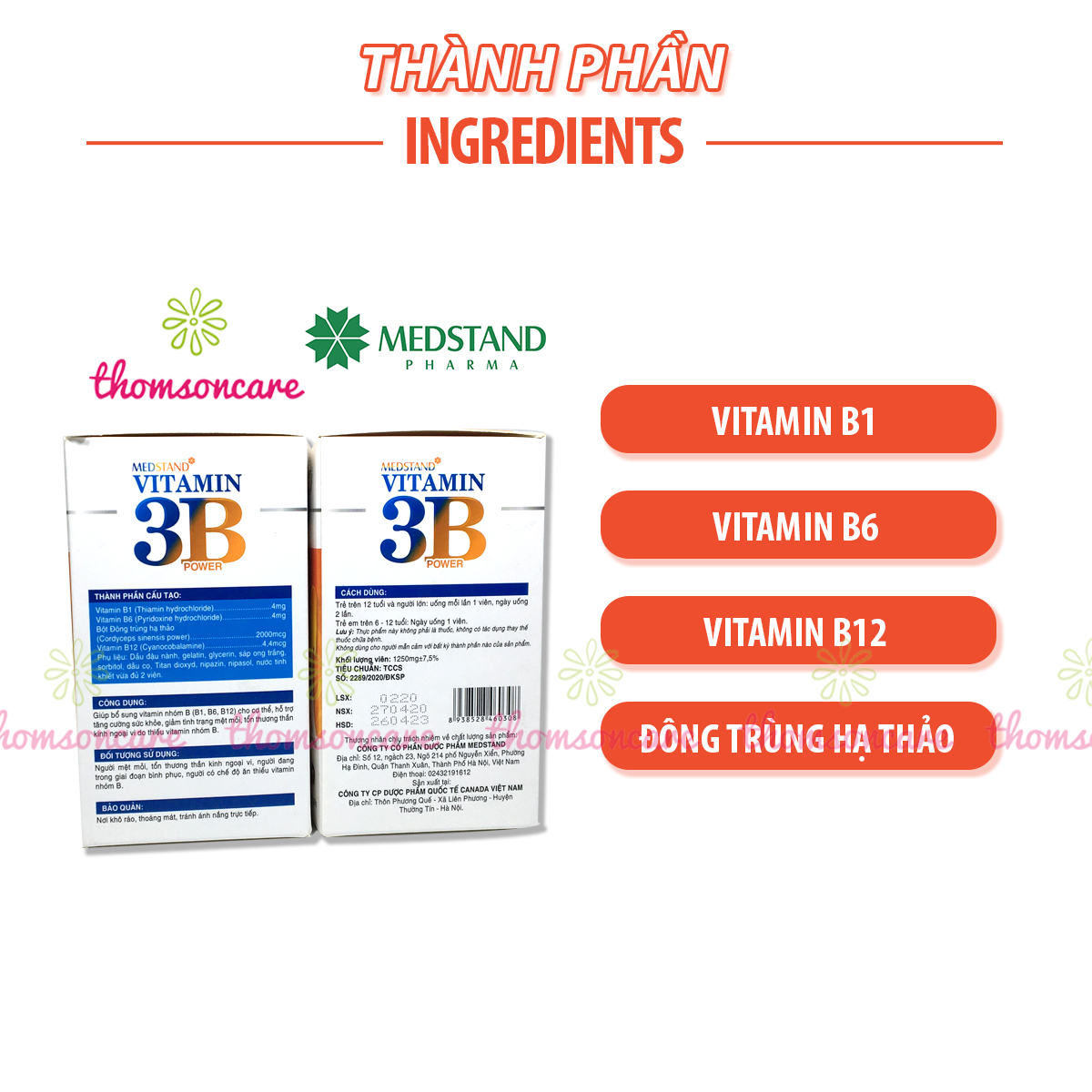 Bổ sung vitaminB1 B6 B12 và đông trùng hạ thảo - Vitamin 3B Medstand - Hộp 100 viên