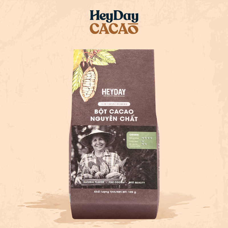 Bột cacao nguyên chất 100% Việt Nam - Dòng Origin thượng hạng túi giấy 100g - Heyday Cacao