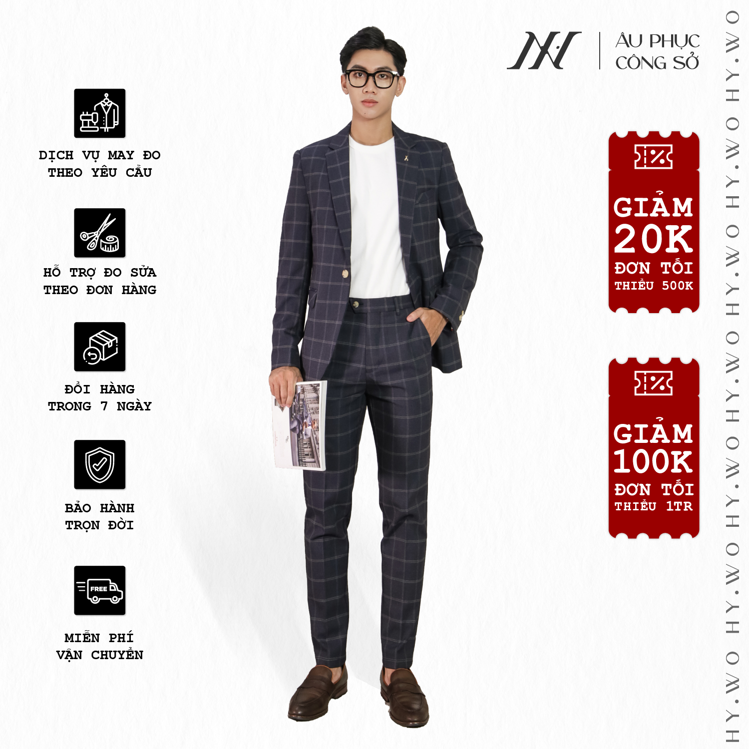 Bộ suit kẻ sọc may đo, thiết kế một hàng khuy xẻ tà giữa, BASIC-CARO-SUIT-3 kiểu dáng Slim Fit phong cách sang trọng - HY.WO