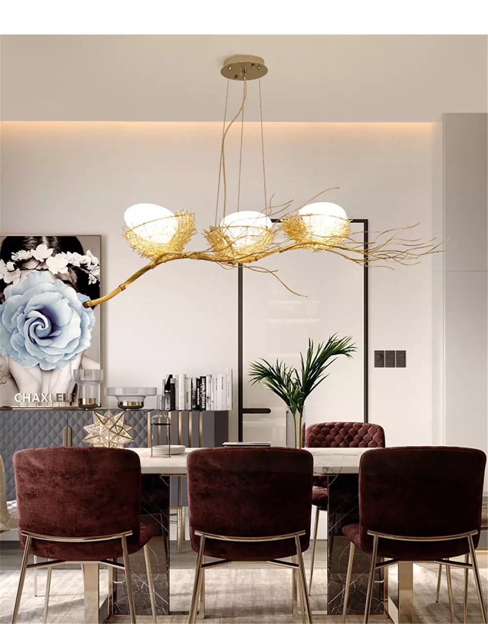 Đèn chùm bộ 3 bóng cao cấp thiết kế hình tổ chim độc đáo trang trí phòng khách, nhà hàng, quán cafe THCN 886