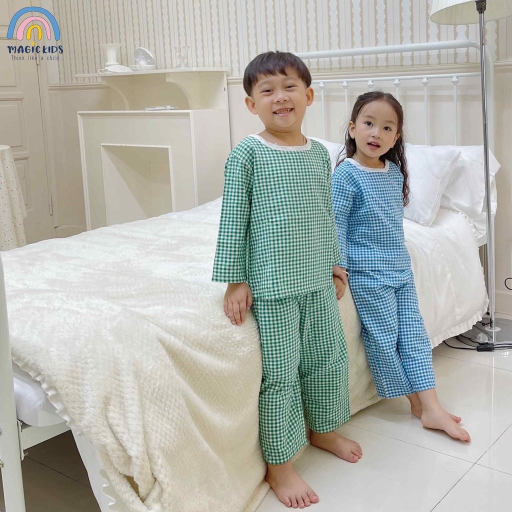 Đồ bộ dài tay cho bé Magickids cổ tròn kẻ caro dễ thương thấm hút mồ hôi Đồ ngủ pijama dài tay trẻ em BR22035