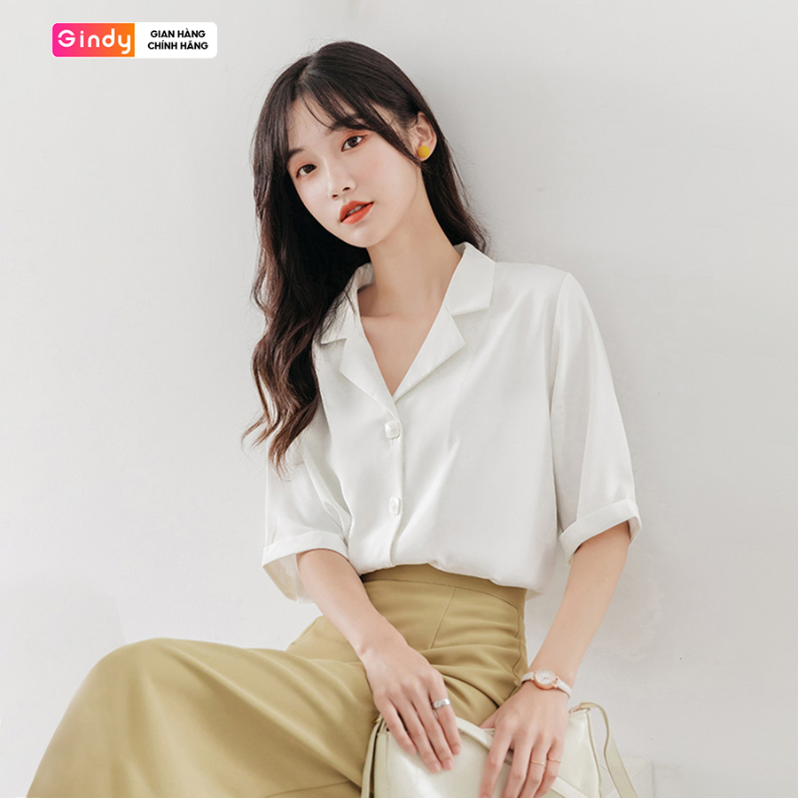 Áo sơ mi nữ tay ngắn đẹp cổ vest Hàn Quốc thời trang nữ công sở sinh viên cúc vuông GINDY A10114