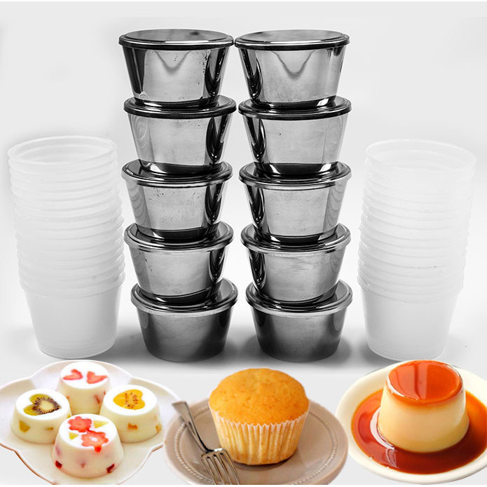 Combo 10 Khuôn Làm Bánh Flan Có Nắp Inox 304 Tặng 20 Khuôn Nhựa