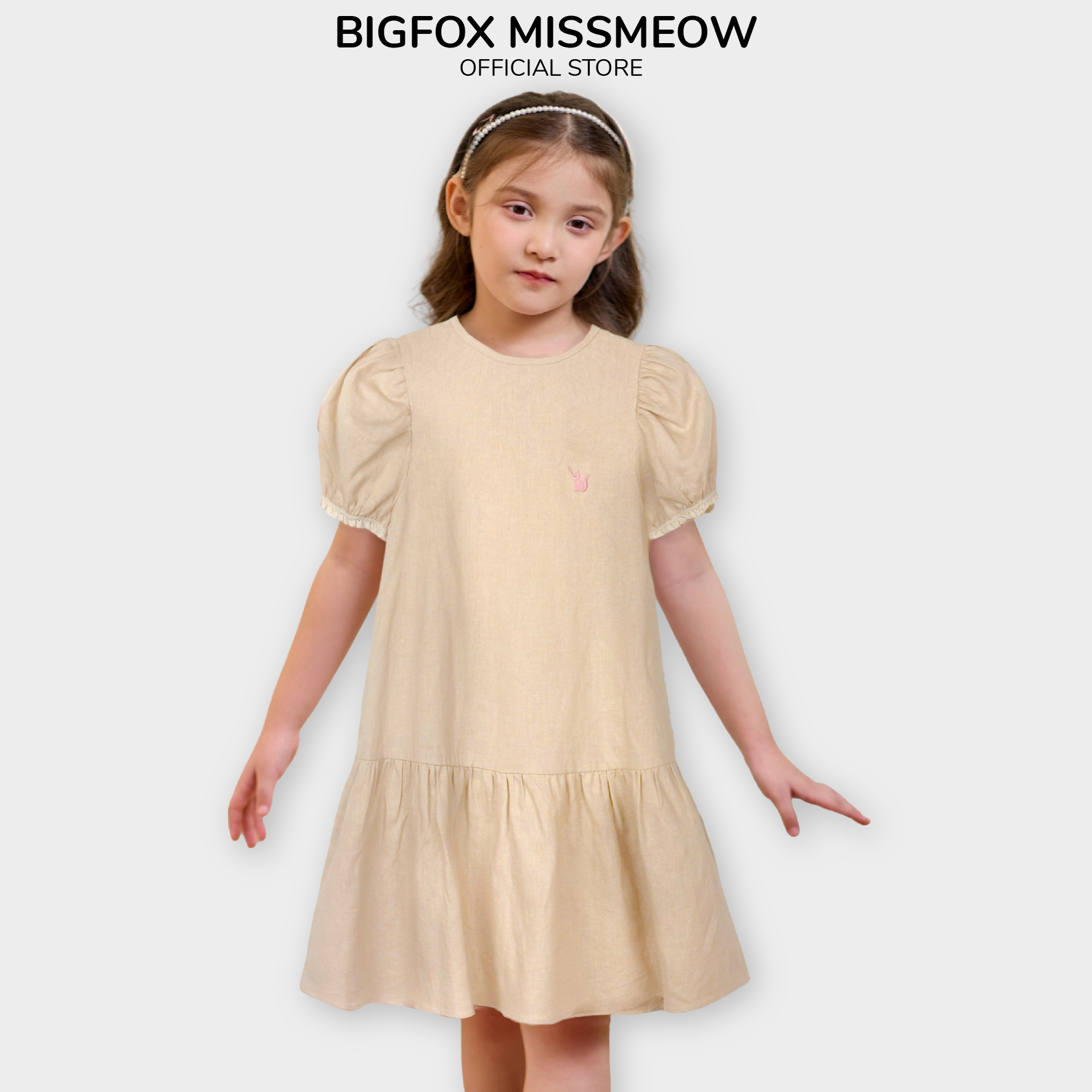 Váy cho bé gái Bigfox Miss Meow size đại mùa hè dáng tiểu thư vải linen cỡ 3-11 tuổi 37kg