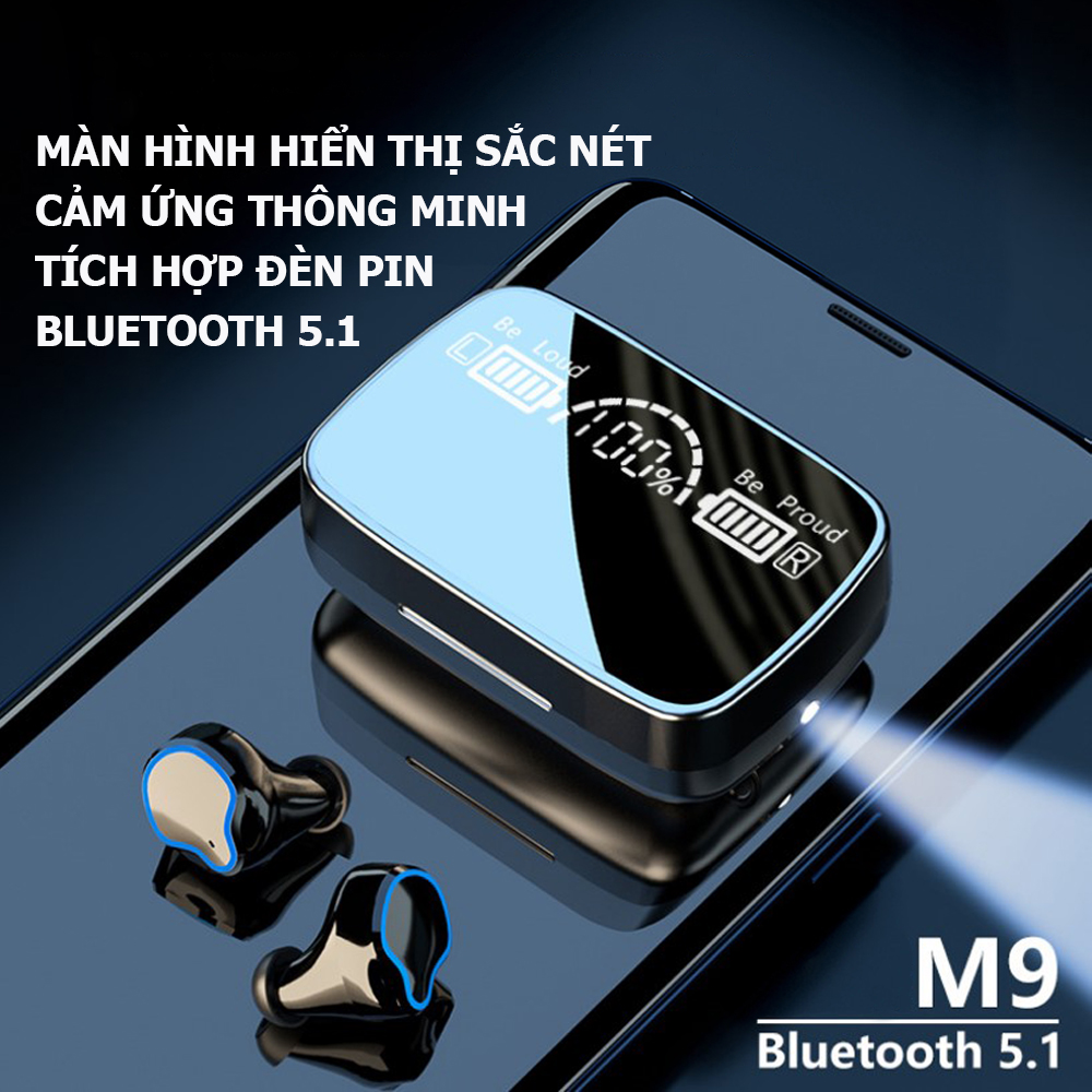 Tai nghe Bluetooth M9, tai nghe không dây cảm ứng thông minh. âm thanh HiFi trung thực, màn hình hiển thị sắc nét, tích hợp thêm đèn pin soi sáng- Hàng nhập khẩu