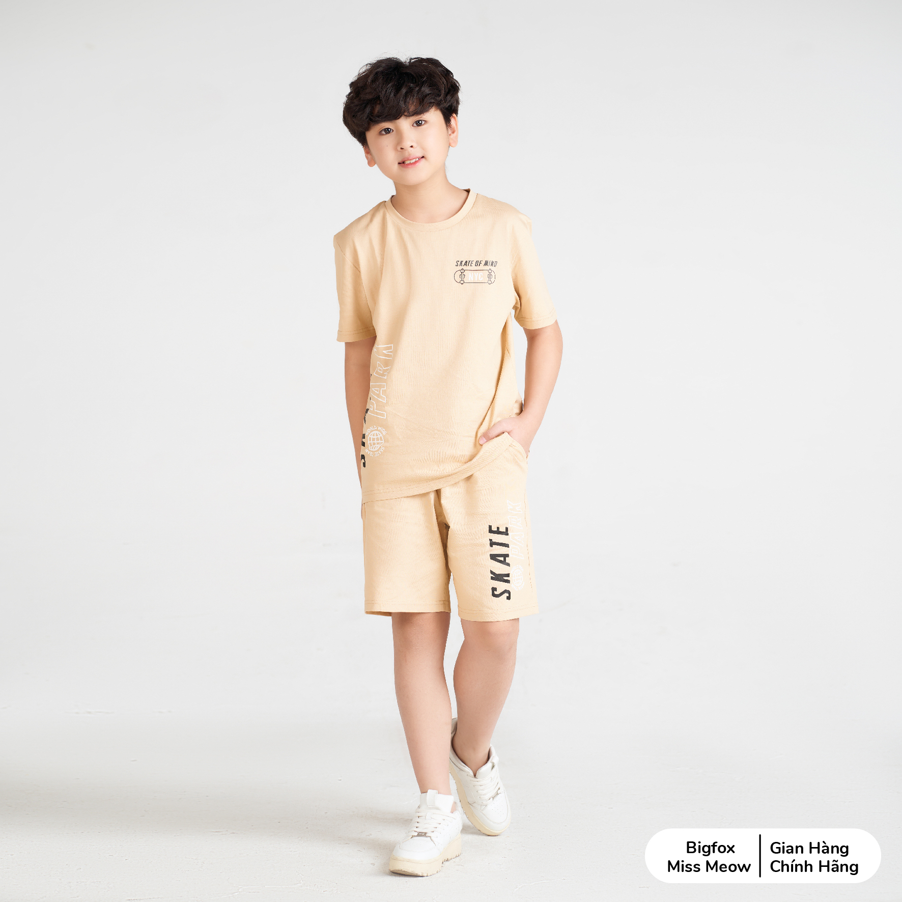 Bộ thun cho bé trai Bigfox Miss Meow size đại mặc hè dáng cộc tay xuất Hàn chất cotton in Skate cỡ 12,13,14,15 40kg 50kg 1934