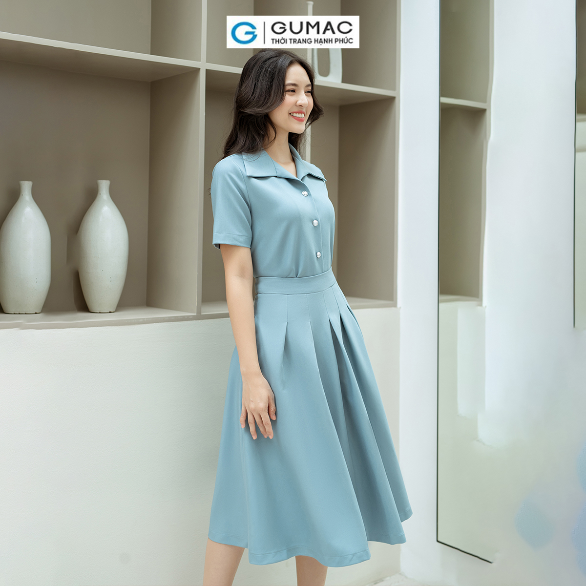 Set lẻ Áo kiểu tay ngắn GUMAC AD08028 - Chân váy A xếp ly GUMAC VD08037