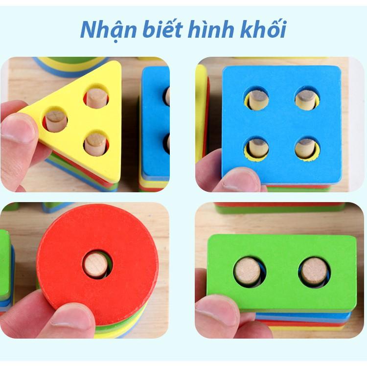 Đồ chơi gỗ - Bộ thả hình học 4 trụ - Đồ chơi phát triển giúp bé làm quên hình khối và màu sắc