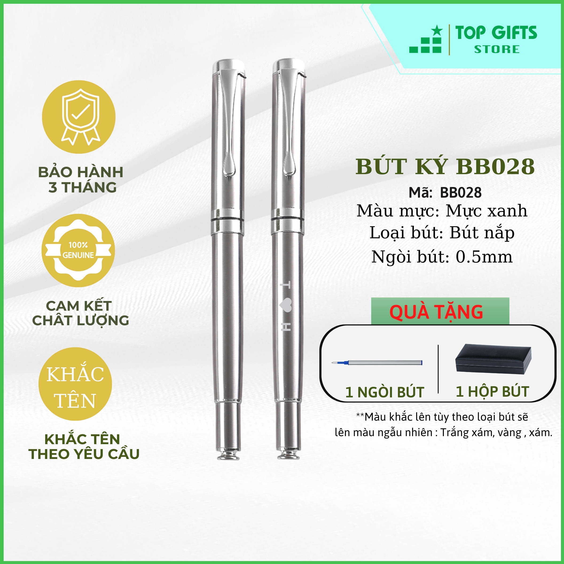 Bút ký khắc tên nắp BẠC PB027 ngòi 0.5mm| Quà tặng sinh nhật sếp + Ruột bút + Hộp đựng