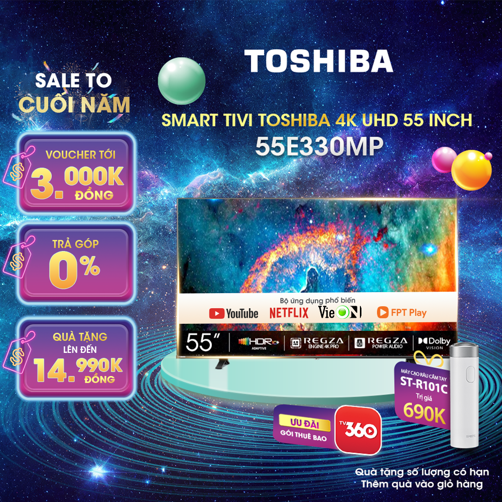 Smart Tivi TOSHIBA 55 inch 55E330MP, Màn Hình LED 4K UHD - Loa 24W - Lắp Đặt Toàn Quốc - Hàng chính hãng