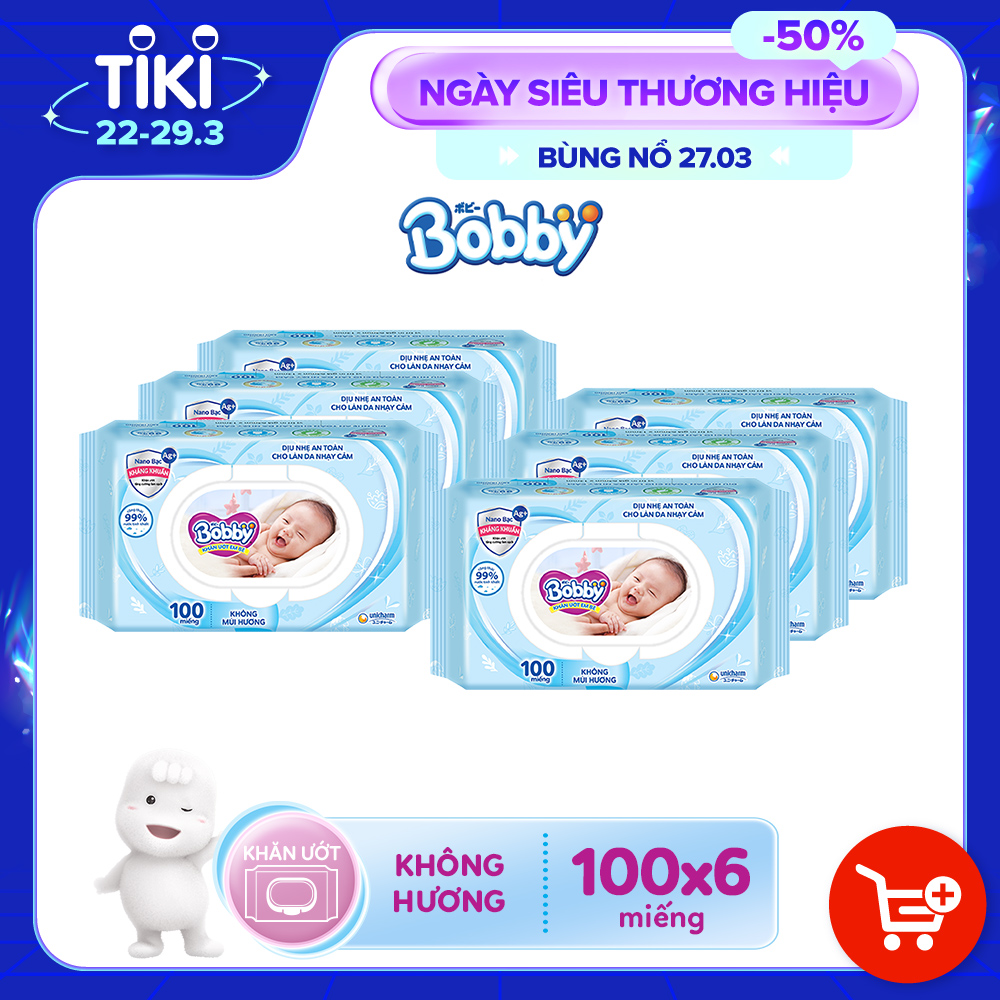 Combo Tiết Kiệm: 6 Gói Khăn Ướt Bobby Care Không Hương 100 Miếng/Gói