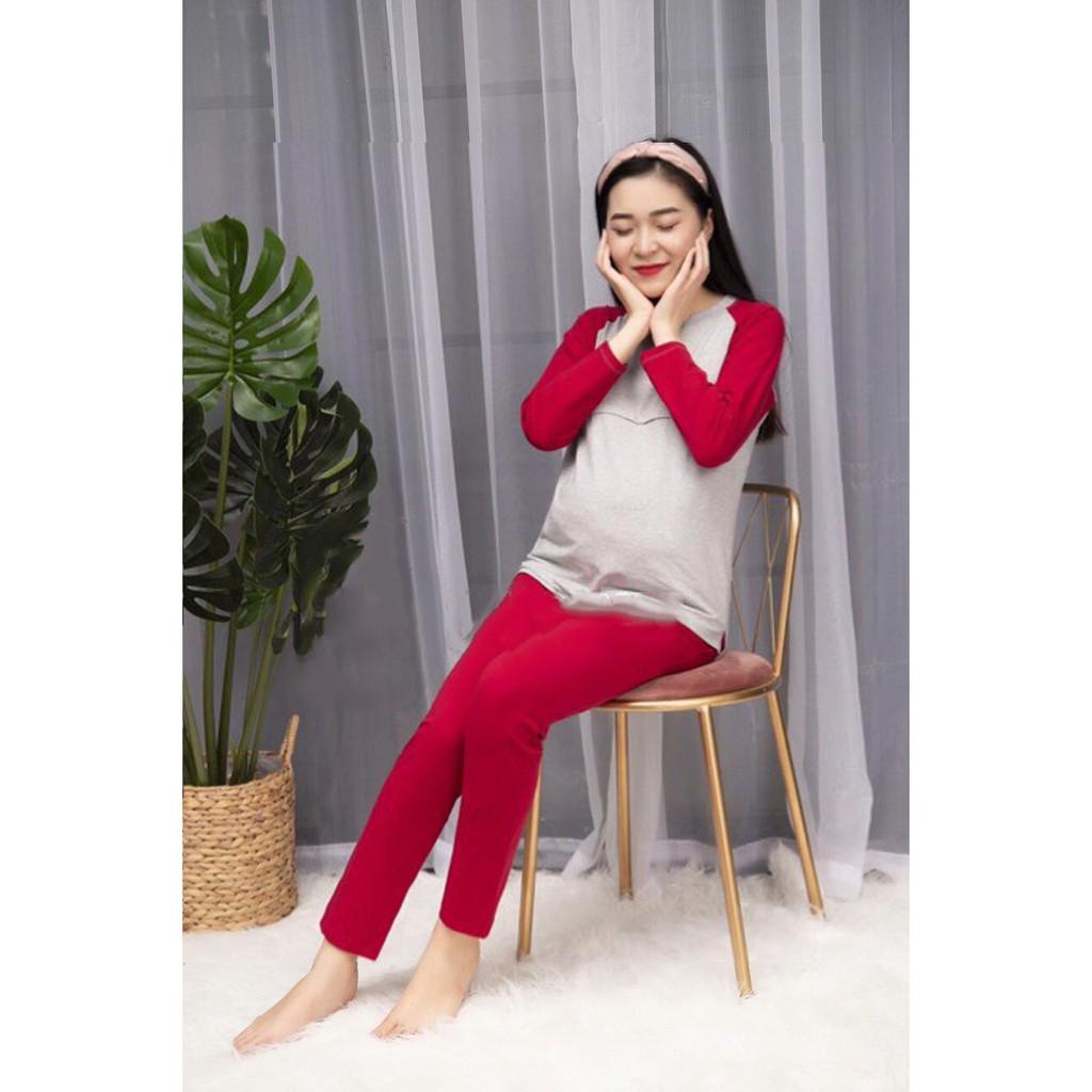 Bộ bầu và sau sinh Dài Tay hàng cotton sài gòn có khóa kéo ngang cho con bú sau sinh size từ 45 đến 80kg