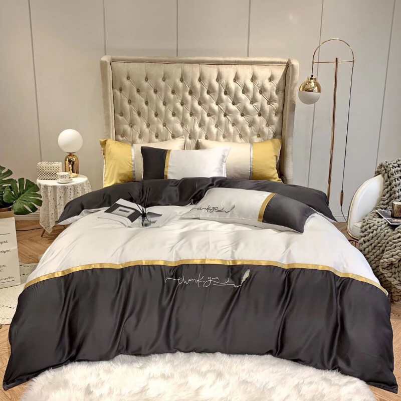 Chăn ga gối tencel loại đẹp-Trắng Đen-Tặng 1 móc khóa Houston