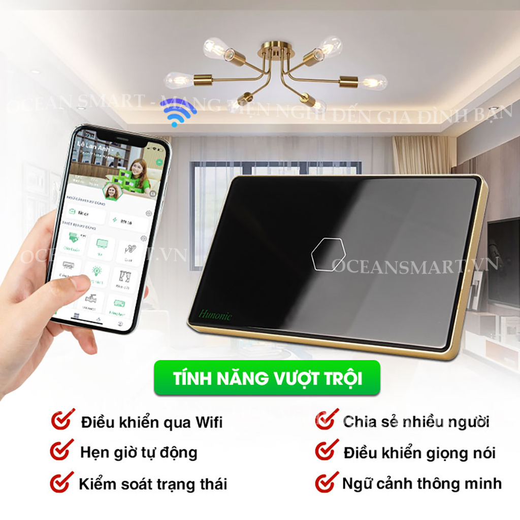 Công Tắc Cảm Ứng HUNONIC Luxury, Công Tắc Thông Minh Bluetooth Mesh Viền Vàng Hình Chữ Nhật - HNLUXC